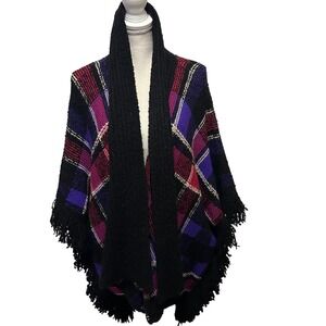 Lauren Ralph‎ Lauren Plaid Knit Fringe Poncho Wrap S M Purple Red Black